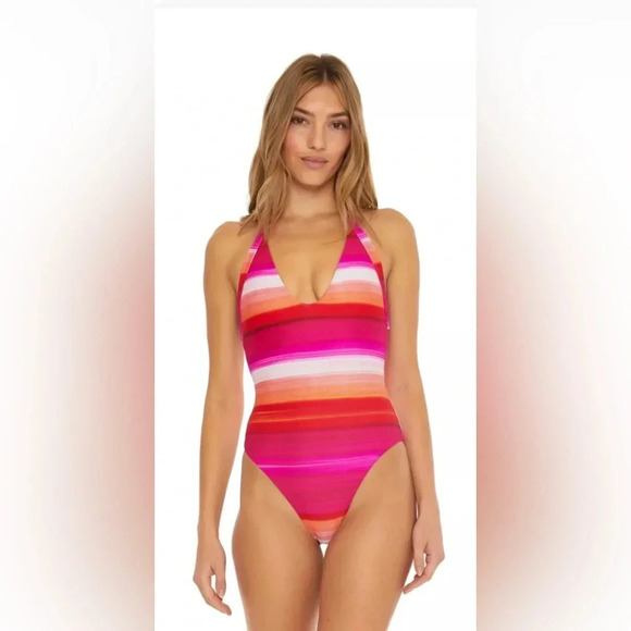 TRINA TURK Pink Orange Solstice Stripe Plunge Halter One Piece Swimsuit Size 14 - Picture 10 of 15